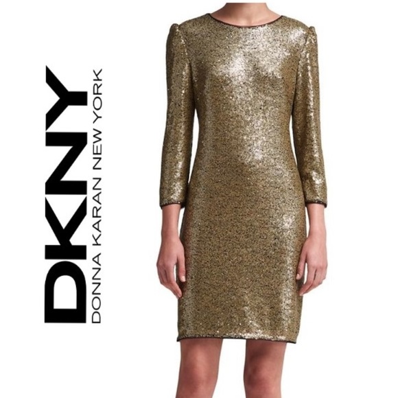 NWT DKNY Gold Sequin Cocktail Evening Dress - Picture 1 of 7